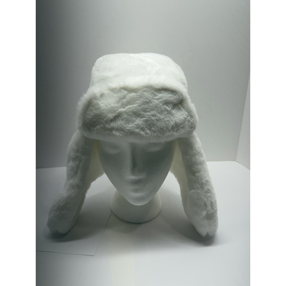 True Religion Trapper Hat White Faux Fur Blue Winter Cap Horseshoe Gold Ski Snow